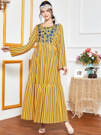 Купить turkey muslim hijab Maxi Dresses Striped Patchwork Floral Embroidery Empire Swing Casual Arabic Clothes mrooccan kaftan gown