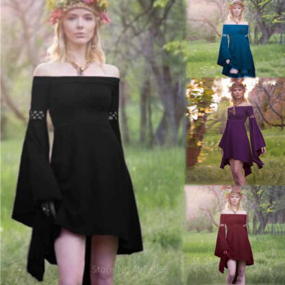 Купить Woman Vintage Irregular Forest Een Dress Medieval Princess Sexy Off Shoulder Ne Flare Sleeve Party Halloween Gothic Vestido