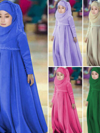 Купить 3 Piece Abaya Hijab Dress Girls Muslim Scarf Bow Robes Prayer Sets Niqab Burqa Kids Solid Loose Abayas Islamic Clothing Ramadan