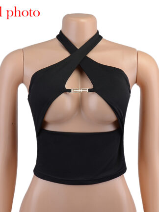 Купить Fashion Metal Chain Sexy Halter Crop Tops for Women Sleeveless Baless Cut-Out Top Cropped Club Party Outfitshigh quality