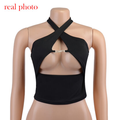 Купить Fashion Metal Chain Sexy Halter Crop Tops for Women Sleeveless Baless Cut-Out Top Cropped Club Party Outfitshigh quality