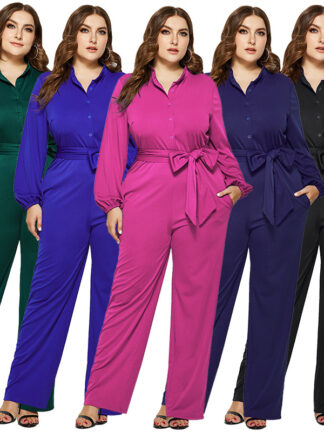 Купить Plus Size Jumpsuit for Women Loose Solid Playsuit Office Lady Romper Long Sleeve Party Elegant Jumpsuits Poets Wide Leg Pants