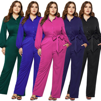 Купить Plus Size Jumpsuit for Women Loose Solid Playsuit Office Lady Romper Long Sleeve Party Elegant Jumpsuits Poets Wide Leg Pants