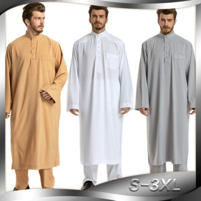 Купить Muslim Robe Arab Men Ramadan Solid Color Pakistan Arabia Turkey Abaya Male Iftar 2 Piece Set Tops and Pants Islamic Clothing 3XL