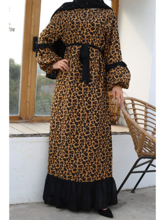 Купить Muslim Abaya Dress Women Leopard Ruffle Big Swing Arab Dresses Evening Moroccan Kaftan Hijab Long Robe Dubai Turkey Clothing 3XL