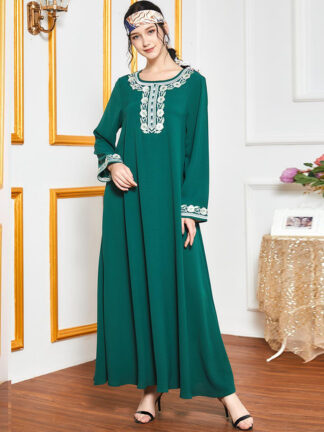 Купить muslim Ethnic Maxi Dress Elegant Women Chic Embroidered O Ne Long Sleeve Loose Turkey Arabic islamic clothing Dresses Autumn