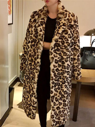Купить Classic Leopard Print Color Faux Fur Coat Women Long Thi Warm Jaets Fluffy Star Style Overcoats Winter Street Outerwear 2021