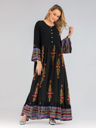 Купить Vestido 2021 Print Muslim Dress Dubai Arabic Abaya Women Vestidos Robe Long Hijab Elbise Moroccan Kaftan Turkey Islamic Clothing