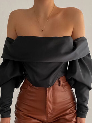 Купить Off Shoulder Satin Bla Women Tops and Blouses Shirts Elegant Staed Sleeve Shirts Sexy Baless Top Croppedhigh quality