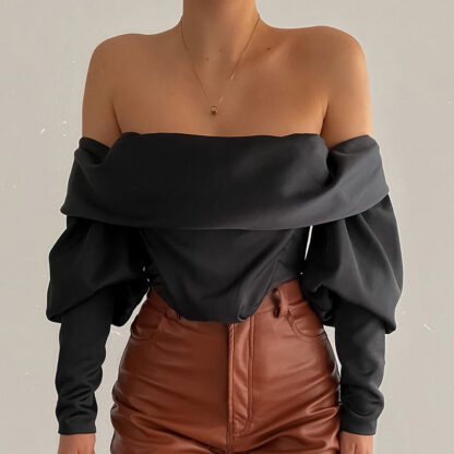 Купить Off Shoulder Satin Bla Women Tops and Blouses Shirts Elegant Staed Sleeve Shirts Sexy Baless Top Croppedhigh quality