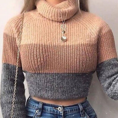 Купить Fashion Womens Turtlenes Sweaters Striped Long Sleeve Knitted Pullovers Females Jumpers Cropped Sweaters Fallhigh quality