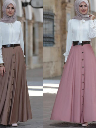 Купить Large Swing Long Skirt Women Dubai Muslim Elegant High Waist Button A-line Skirts Laides Arab Solid Islamic Clothing Plus Size