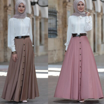 Купить Large Swing Long Skirt Women Dubai Muslim Elegant High Waist Button A-line Skirts Laides Arab Solid Islamic Clothing Plus Size