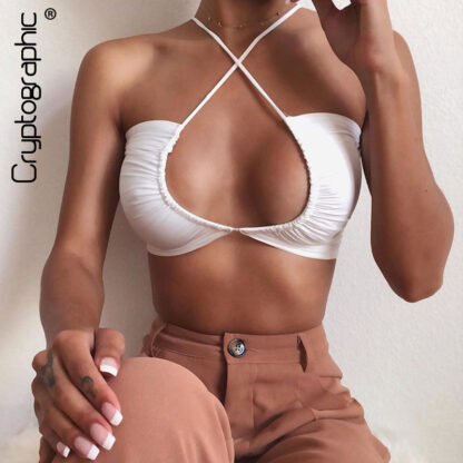 Купить White Lace Up Halter Sexy Crop Tops Sleeveless Summer Bandage Tops Mujer V-Ne Straps Short Vest Streetwear Newhigh quality