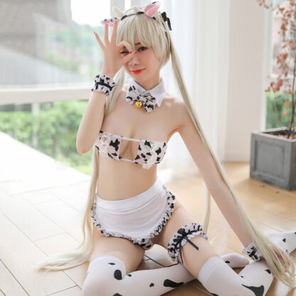 Купить Japanese Women Anime Mik Cow Maid ingerie Set Sexy Cospay Costume Cute Underwear Bra and Panty Stockings Apron Bikini Set s
