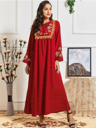 Купить Ethic Dot Print Embroidery Maxi Dress Women Red O Ne Long Sleeve Tassel Panel Elegant Turkey Arabic Muslim isalmic clothing