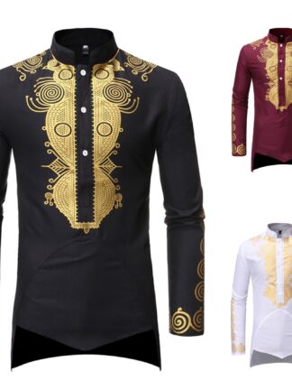 Купить Muslim Men Shirt Islamic Clothes Print Stand Color Tops Kurta National Printed Long Sleeve Shirts Male Folk Hip Hop Streetwear