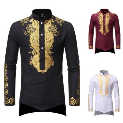 Купить Muslim Men Shirt Islamic Clothes Print Stand Color Tops Kurta National Printed Long Sleeve Shirts Male Folk Hip Hop Streetwear