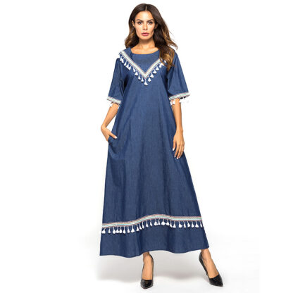 Купить Elegant Denim Abaya Dress Women Muslim Islamic Clothing Tassel Ramadan Musulman Turkey Moroccan Kaftan Hijab Vestidos Ropa Robe