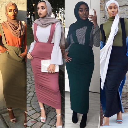 Купить Muslim Overall Pencil Skirt Women Two Shoulder Straps Maxi Long Skirts Islam High Waist Bodycon Slim Bottom Islamic Clothing