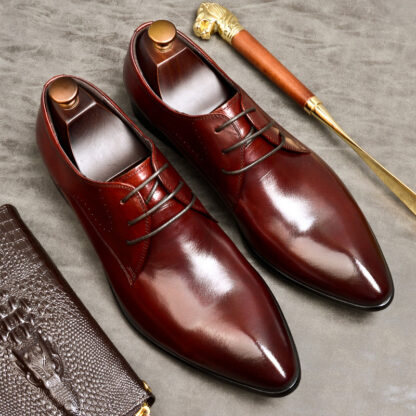 Купить Lacing Mens Formal Shoes Genuine Leather Office Business Wedding Brogue Oxford Shoe Black Pointed Toe Luxury Men Dress Shoe