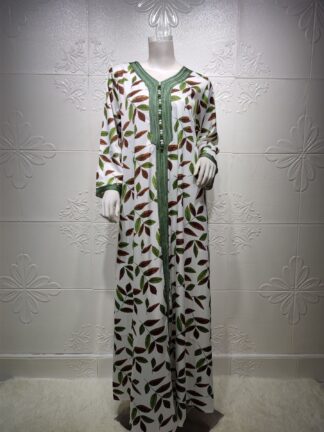 Купить Ramadan Muslim Dress Turkey India Muslim Abaya Women Pakistan Long Robe Ribbon Leaves Print Dubai Islamic Eid Moroccan Kaftan