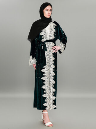Купить Elegant Lace Beading Muslim Abaya Women Veet Kimono Long Robe Jubah Caftan Dubai Islamic Clothing Splice Turkish Hijab Dress