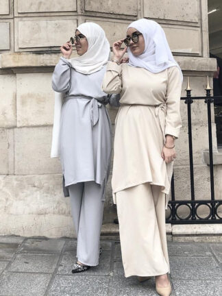 Купить Two Piece Set pullover Top and Pant Women Dubai Muslim Abaya dress with wide leg pants Lace-up Islam Turkish Islamic Clothing