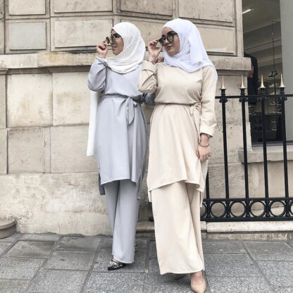 Купить Two Piece Set pullover Top and Pant Women Dubai Muslim Abaya dress with wide leg pants Lace-up Islam Turkish Islamic Clothing