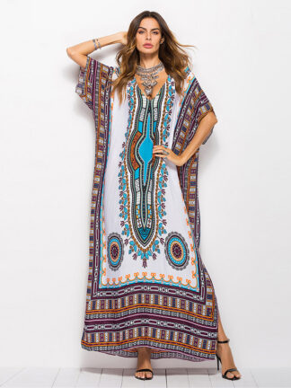 Купить Bohemian Women Maxi Dress Muslim Abaya Print Batwing Sleeve Summer Ethnic Beachwear Holiday Vestidos De Fiesta Moroccan Kaftan