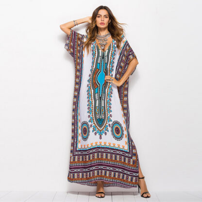 Купить Bohemian Women Maxi Dress Muslim Abaya Print Batwing Sleeve Summer Ethnic Beachwear Holiday Vestidos De Fiesta Moroccan Kaftan