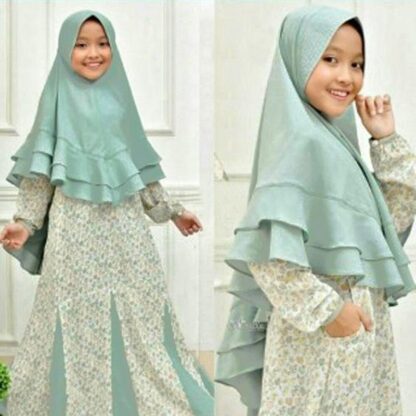 Купить 2 Pieces Set Muslim Girls Dress Hijab Abaya Islamic Floral Print Niqab Burqa Jilbab Kids Robe Ruffle Kaftan Child Party Dresses