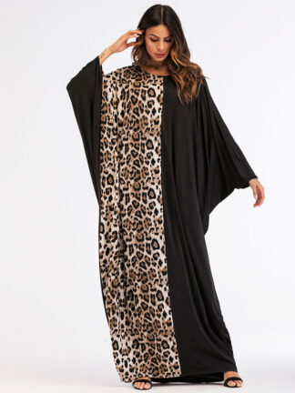 Купить Muslim Leopard Hijab Dress Women Batwing Sleeve Abaya Maxi Long Dress Dubai Arab Vestidos Long Robe Elegant Islamic Clothing
