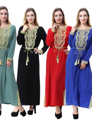 Купить Dubai Muslim Abaya for Women Saudi Long Dress AppliqueJalabiya Islamic Clothing Moroccan Kaftan Lace-up Split Party Vestidos