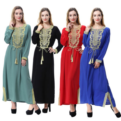 Купить Dubai Muslim Abaya for Women Saudi Long Dress AppliqueJalabiya Islamic Clothing Moroccan Kaftan Lace-up Split Party Vestidos