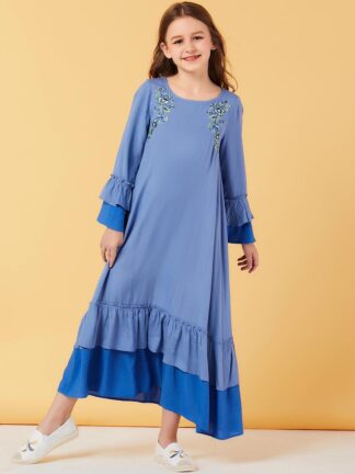 Купить Turkey Muslim Girls Dress Striped Embroidery Moroccan Dresses Children Kids Kimono Islamic A-line Vestido Kaftan Abaya Elbise