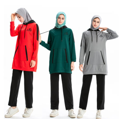 Купить Arab Muslim Hoodies Women Top and Pant 2 Piece Suits 2021 Spring Jogging Sports Trasuit Hooded Sets Sweatshirt with Poets