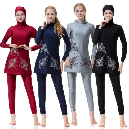 Купить Islamic muslim Swimwear Women Hooded Swim Wear Burkini two Piece Suits print Hijab Swimsuit Modest Swim Surf Wear Sport Burkinis