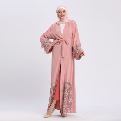 Купить Dubai Arab Caftan Women Muslim Abaya Dress Sequins Lace-up Islam Robe with Poets Turkish Kimono Kaftan Jubah Islamic Clothing