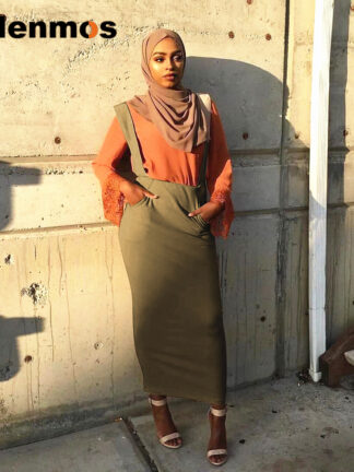Купить Muslim Suspender Skirt Women Two Shoulder Straps Skirts islam High Waist Bodycon Slim Pencil Skirt with Straps Islamic Clothing