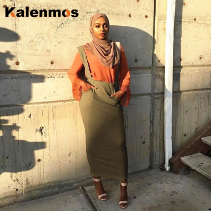 Купить Muslim Suspender Skirt Women Two Shoulder Straps Skirts islam High Waist Bodycon Slim Pencil Skirt with Straps Islamic Clothing