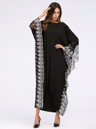 Купить Muslim Maxi Abaya Dresses for Women Batwing Sleeves Islam Caftan Dress Lace Plus Size Long Robes Female Dubai Islamic Clothing