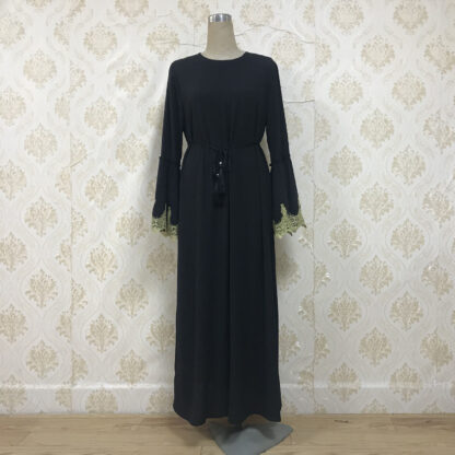 Купить Muslim Turkish Kaftan Abaya Dress Women Embroidery Lace-up Long Robe Trumpet Sleeve Kimono Islamic Clothing Cafan Hijab Dresses