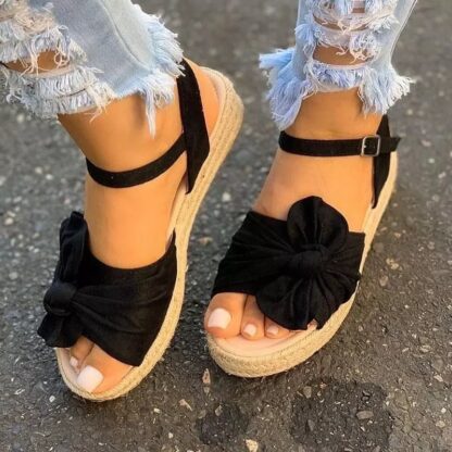 Купить Womens Suede Solid Color Classic Bow Buckle High-heeled Thick-soled Non-slip Fashion Sweet All-match Summer Sandals 5KE036