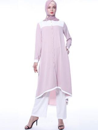 Купить Chic Muslim 2 Piece Set Top and Pants Women Long Sleeve Button Tunic Middle East Dubai Arab Kimono Islamic Clothing Long Tops