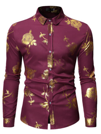 Купить KALENMOS Gold Rose Floral Print Shirts Men Muslim Hip Hop Punk Chemise Lapel Wedding Party Bronzing Camisa Masculina Africa Ropa