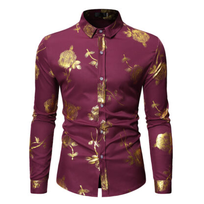 Купить KALENMOS Gold Rose Floral Print Shirts Men Muslim Hip Hop Punk Chemise Lapel Wedding Party Bronzing Camisa Masculina Africa Ropa