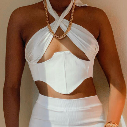 Купить White Halter Sexy Cut-Out Crop Tops for Women Sexy Baless Cropped Feminino Top Summer 2021 Streetwearhigh quality