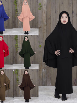 Купить Abaya Kaftan Islamic Clothing Muslim Prayer Garment Dress Arab Middle Eastern Prayer Hijab Teen Girl Simple Two-Piece Suits Kids