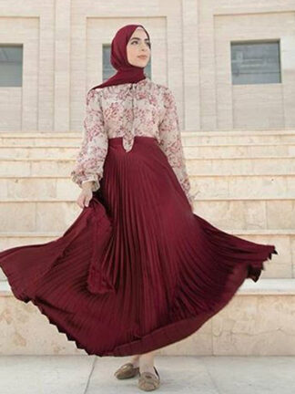 Купить High Waist Pleated Skirt Women New Chic Arab Dubai Ankel-length Long Wrinkle Skirts Solid Color Muslim Islamic Clothing Musulman